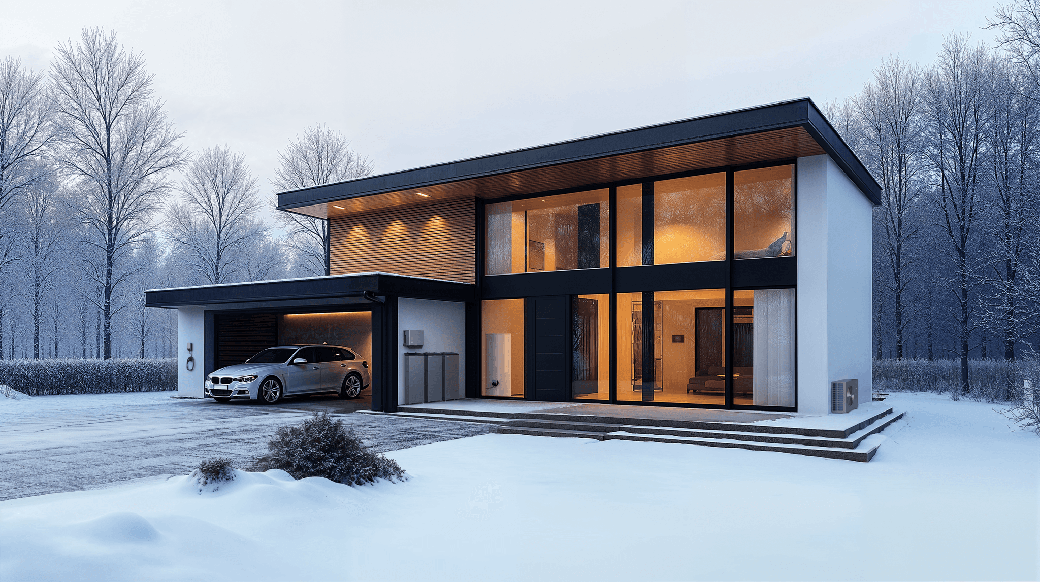 Beleuchtetes Haus im Schnee mit Wandspeicher am Carport und Wärmepumpen-Aussengerät an der Fassade