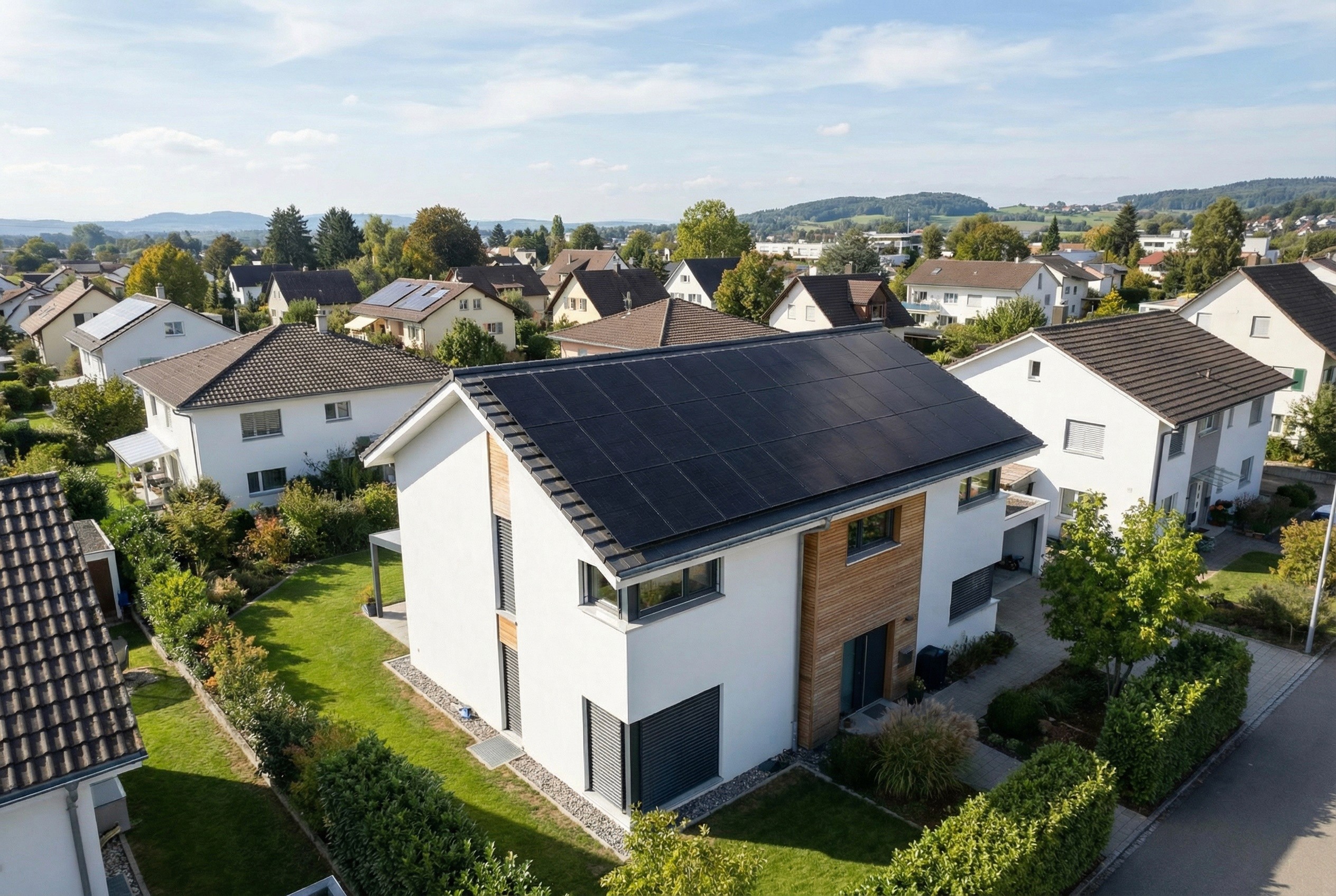 Wohnhaus mit vollflächig belegtem Solardach in einem Quartier, dahinter Hügel