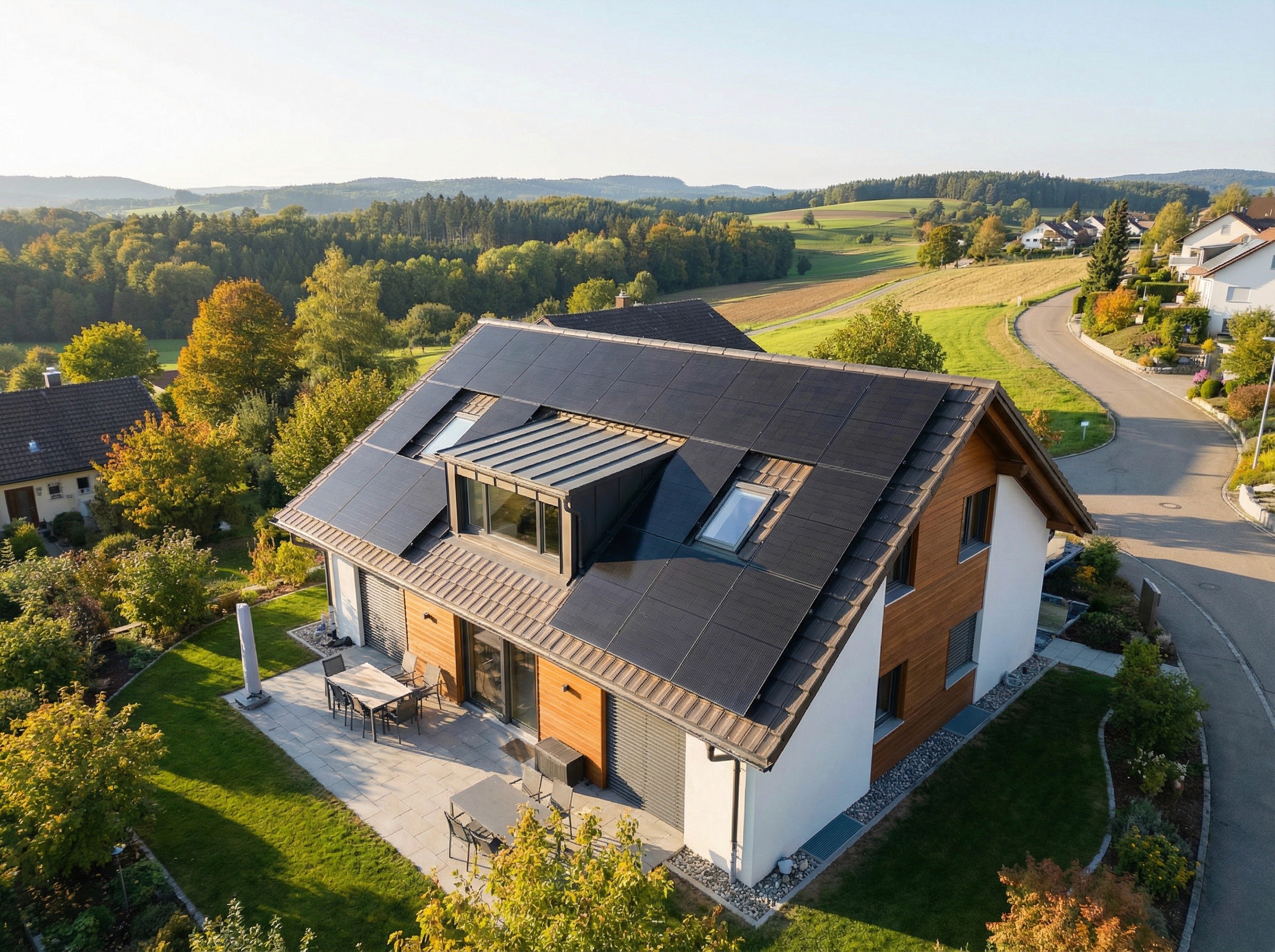 Freistehendes Haus mit Holzfassade und vollflächig belegtem Solardach am Ortsrand