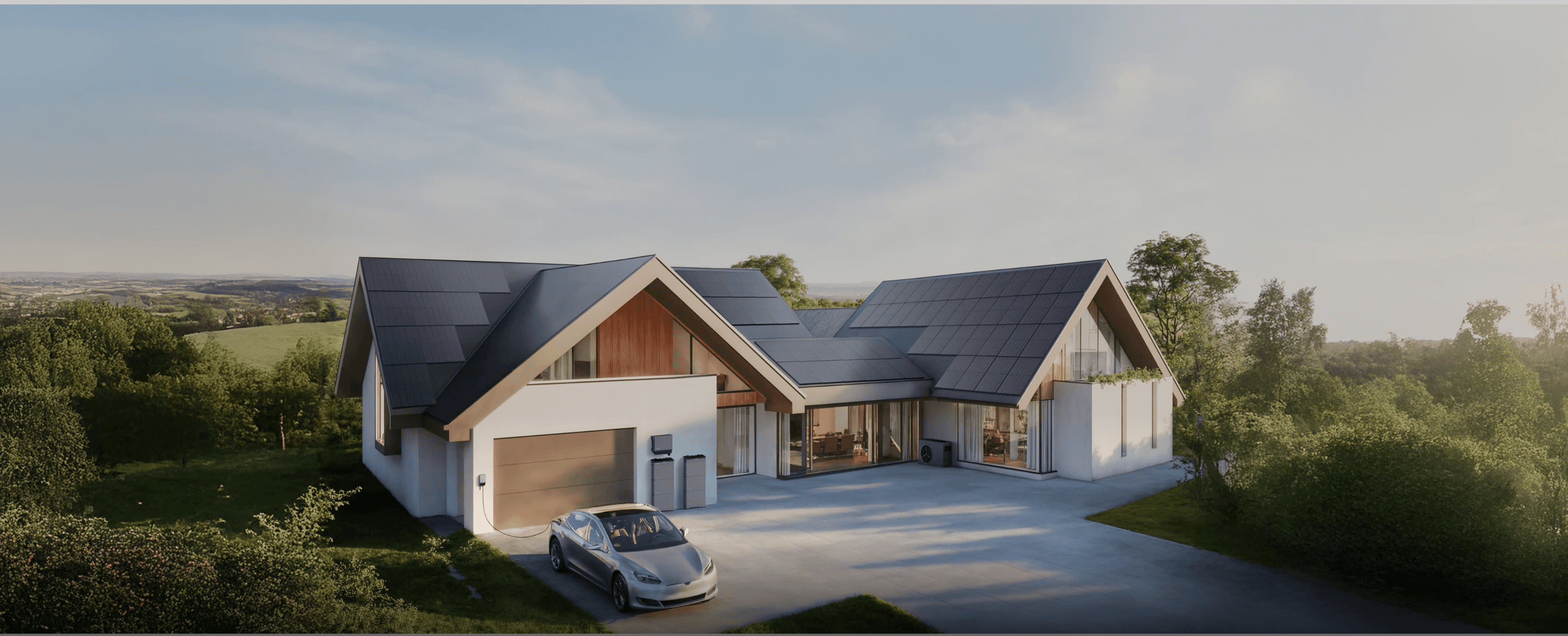 Moderne Einfamilienhäuser mit Solaranlage bei Sonnenuntergang