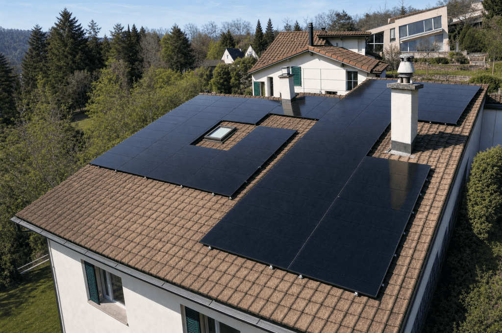 Drohnenaufnahme der Solaranlage in Pieterlen aus rückwärtiger Perspektive