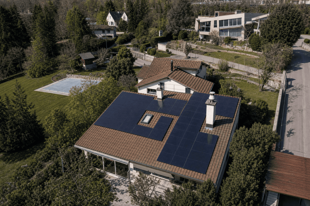 Weite Drohnenaufnahme der Photovoltaikanlage und Umgebung in Pieterlen
