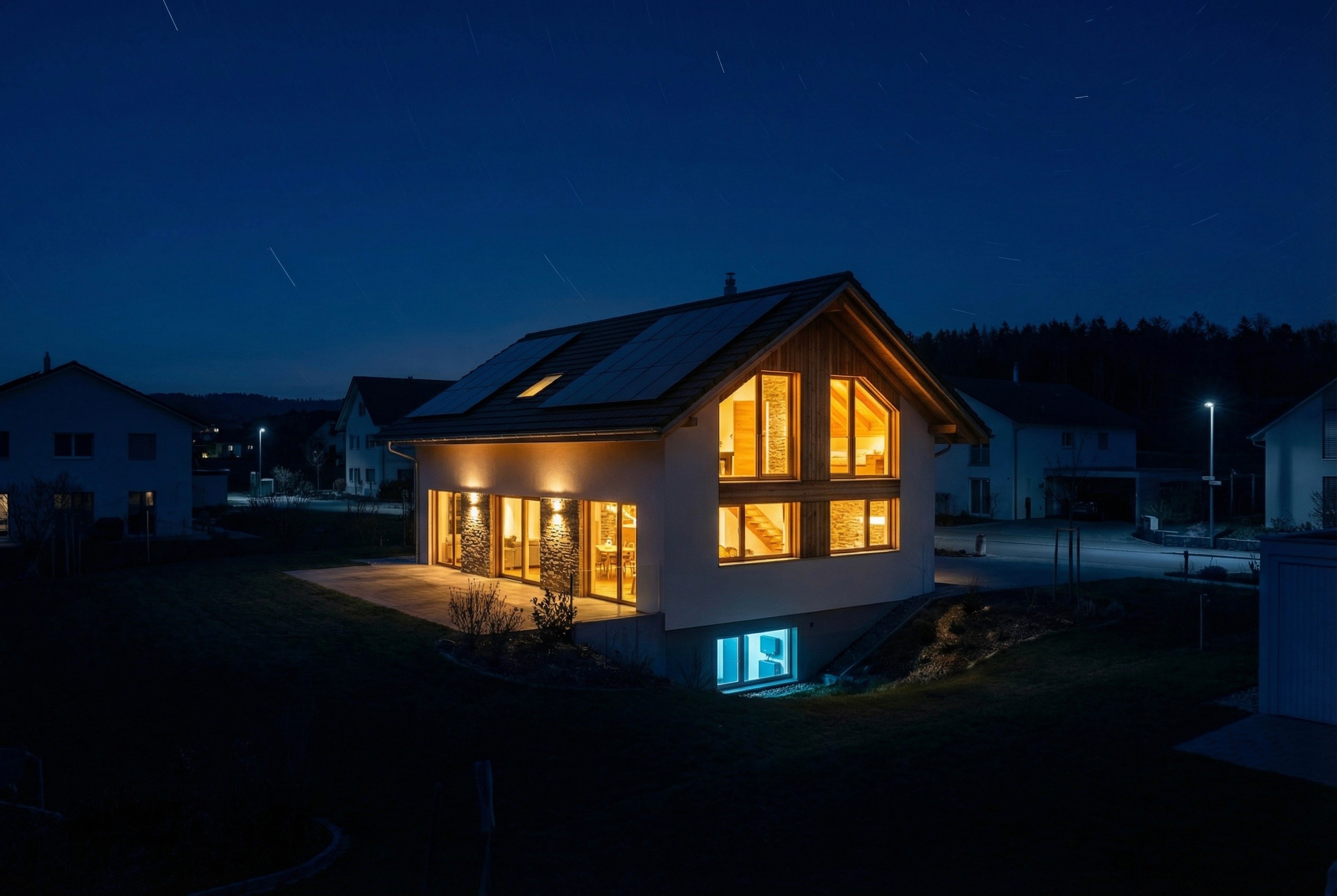Einfamilienhaus mit Solaranlage bei Nacht